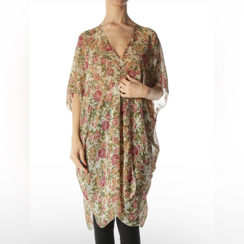 Rose print short sleeve open kimono / beach coverup